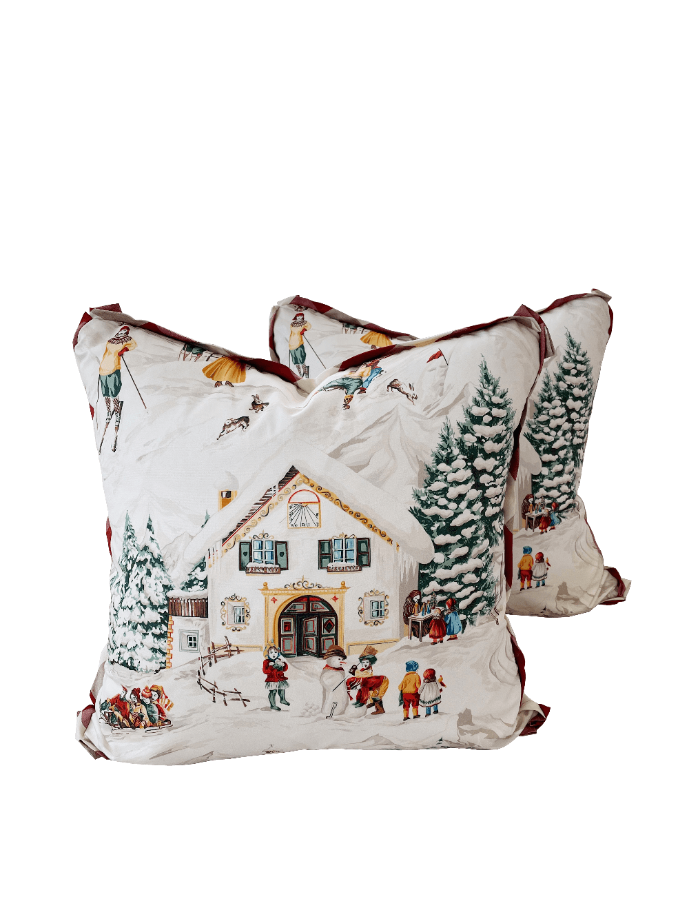 Tyrolean Winter Scene with Red Check contrast flange Pillow